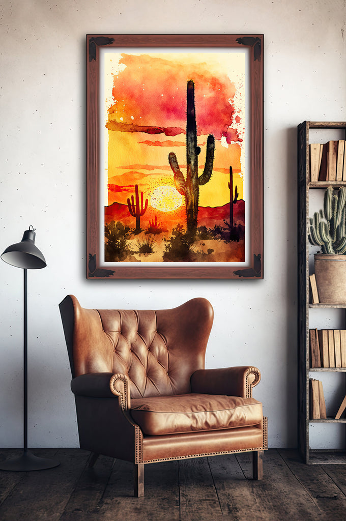 Desert Sunset Print Colorful Watercolor Wall Art Southwest Landscape Gift Saguaro Cactus Beautiful Nature Home Decor