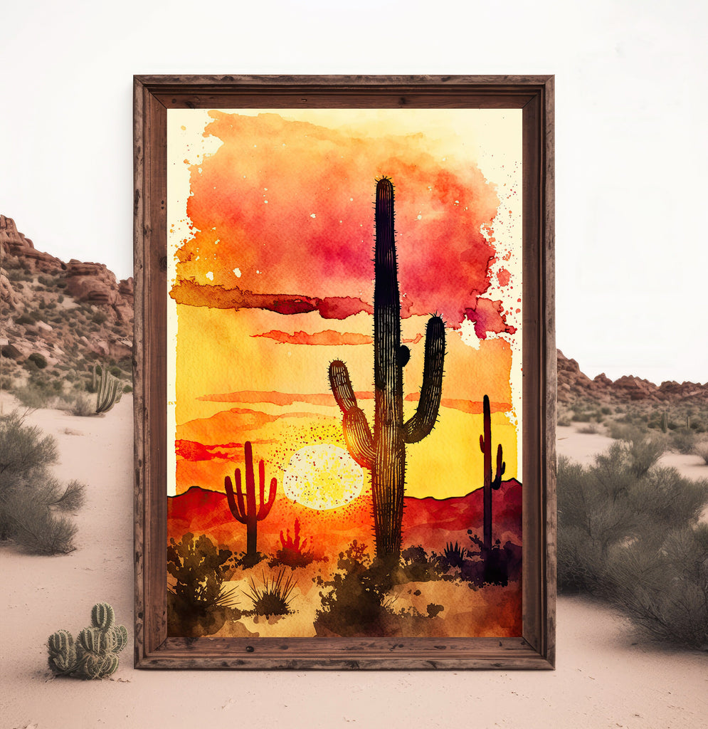 Desert Sunset Print Colorful Watercolor Wall Art Southwest Landscape Gift Saguaro Cactus Beautiful Nature Home Decor