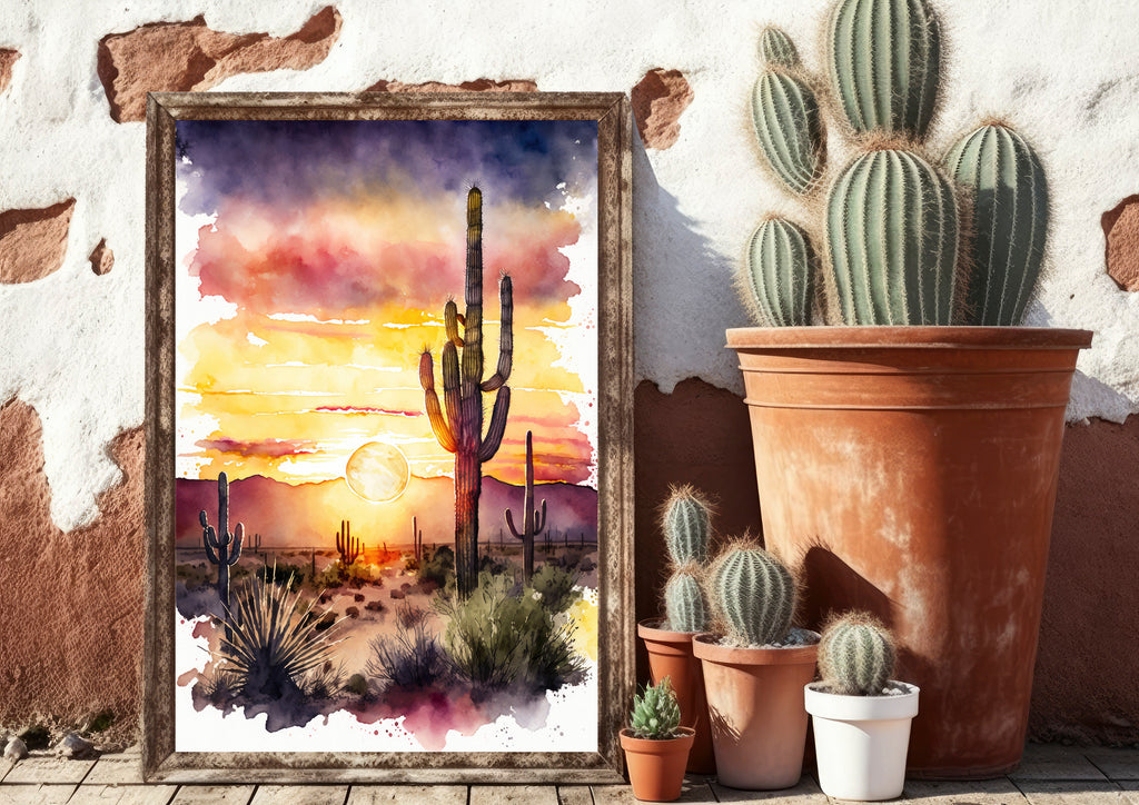 Desert Sunset Print Colorful Watercolor Wall Art Southwest Landscape Gift Saguaro Cactus Beautiful Nature Home Decor