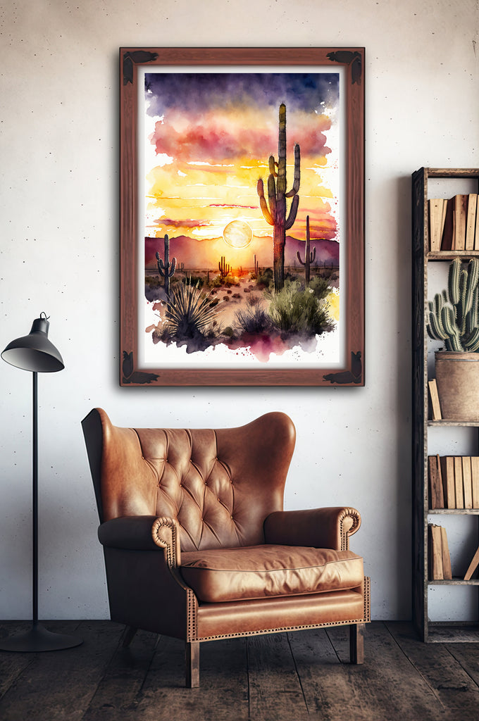 Desert Sunset Print Colorful Watercolor Wall Art Southwest Landscape Gift Saguaro Cactus Beautiful Nature Home Decor