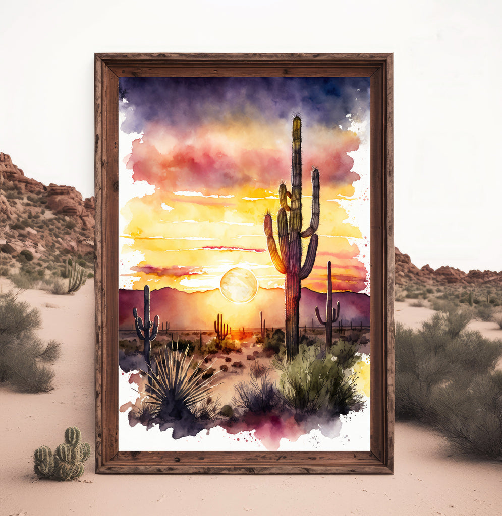 Desert Sunset Print Colorful Watercolor Wall Art Southwest Landscape Gift Saguaro Cactus Beautiful Nature Home Decor