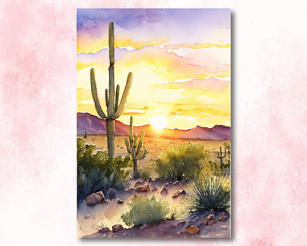 Desert Sunset Print Colorful Watercolor Wall Art Southwest Landscape Gift Saguaro Cactus Beautiful Nature Home Decor