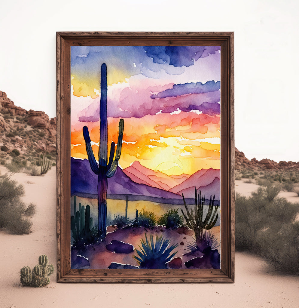 Desert Sunset Print Colorful Watercolor Wall Art Southwest Landscape Gift Saguaro Cactus Beautiful Nature Home Decor