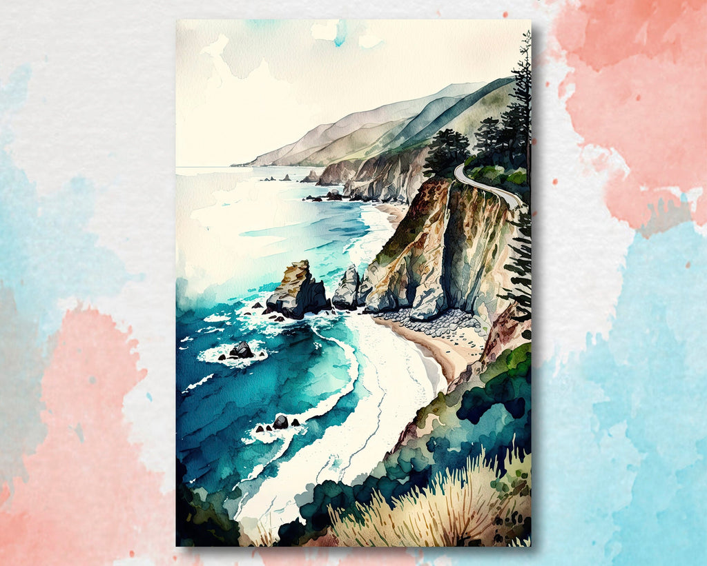 California Big Sur Beach Print Watercolor Ocean Wall Art Tropical Nature Gift Coastal Landscape Home Decor