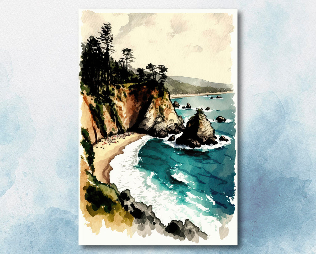 California Big Sur Beach Print Watercolor Ocean Wall Art Tropical Nature Gift Coastal Landscape Home Decor