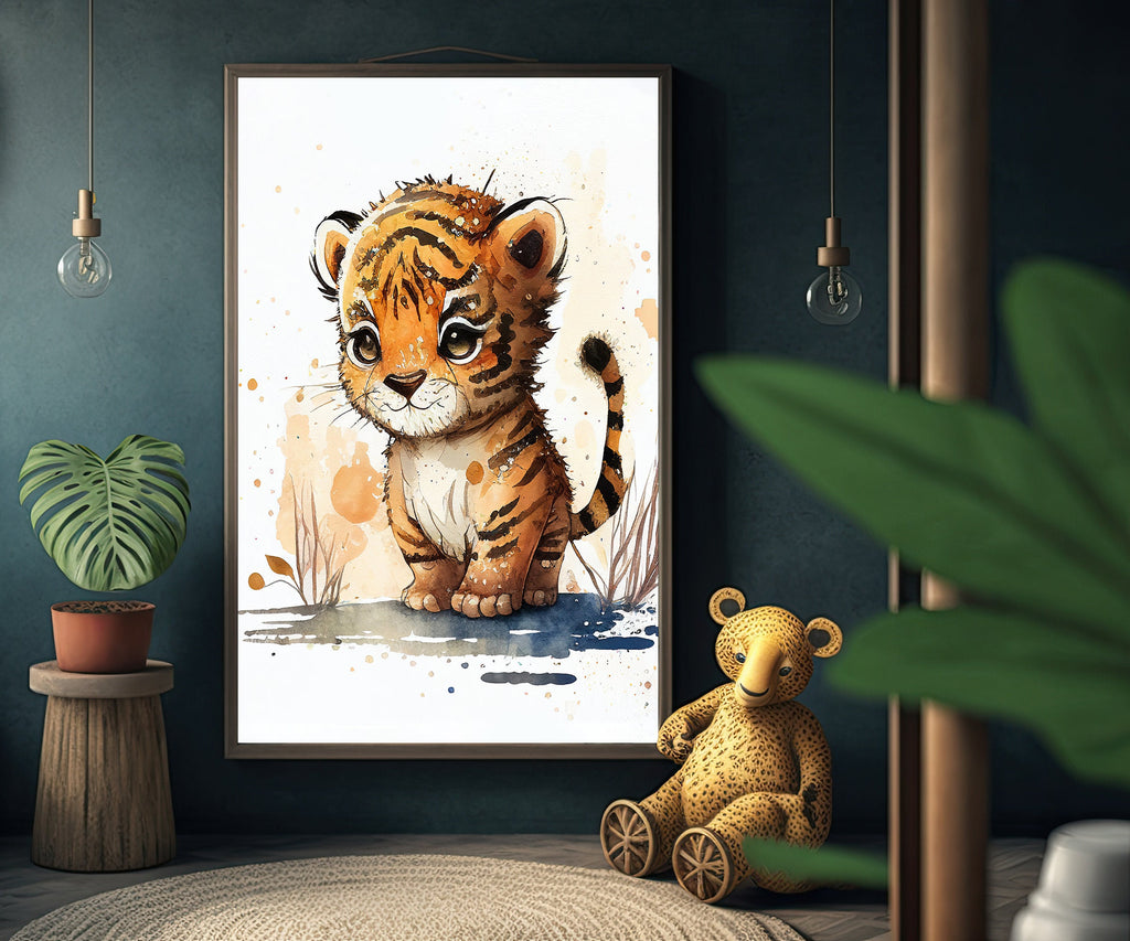 Baby Tiger Watercolor Print Jungle Cat Nature Wall Art Kids Nursery Wildlife Gift Cute Animal Home Decor