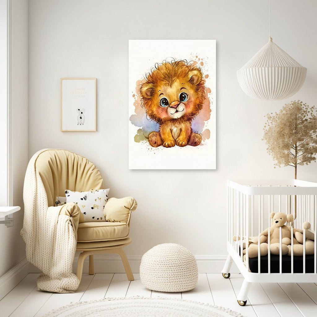 Baby Lion Watercolor Print Jungle Cat Nature Wall Art Kids Nursery Wildlife Gift Cute Animal Home Decor