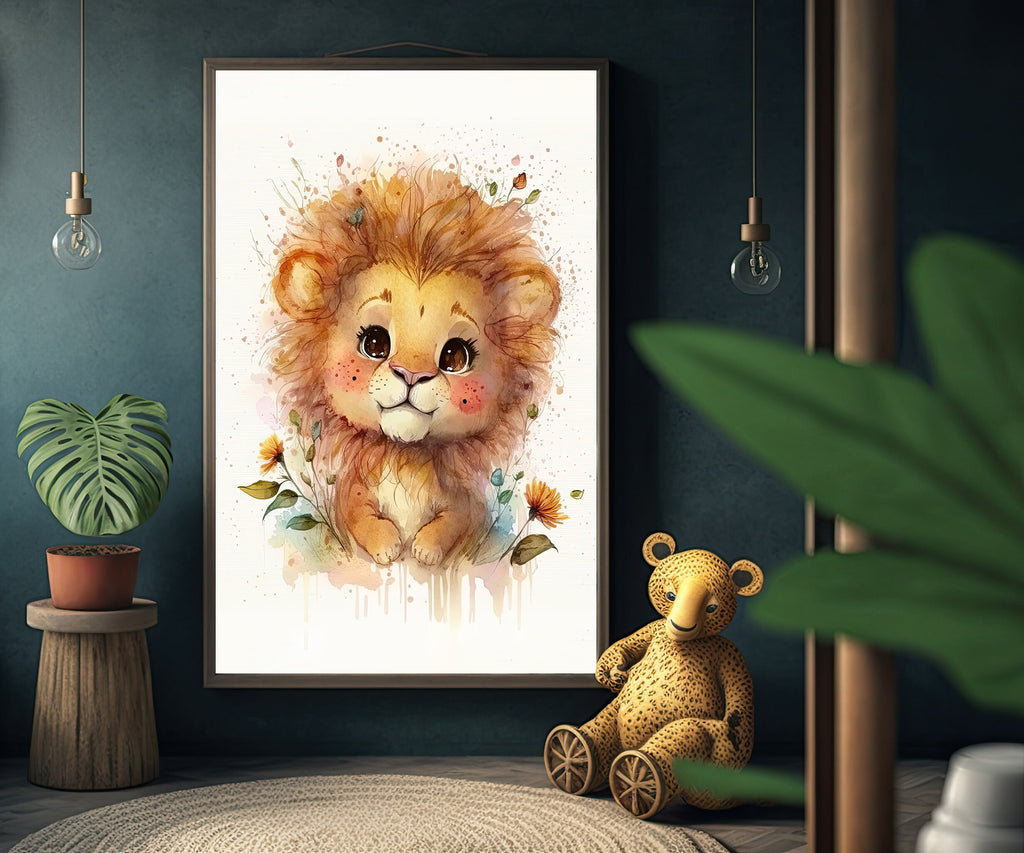 Baby Lion Watercolor Print Jungle Cat Nature Wall Art Kids Nursery Wildlife Gift Cute Animal Home Decor