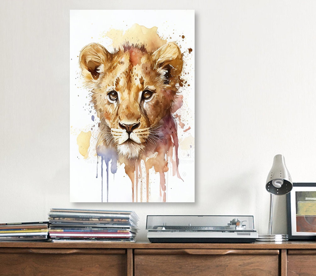 Baby Lion Watercolor Print Jungle Cat Nature Wall Art Kids Nursery Wildlife Gift Cute Animal Home Decor