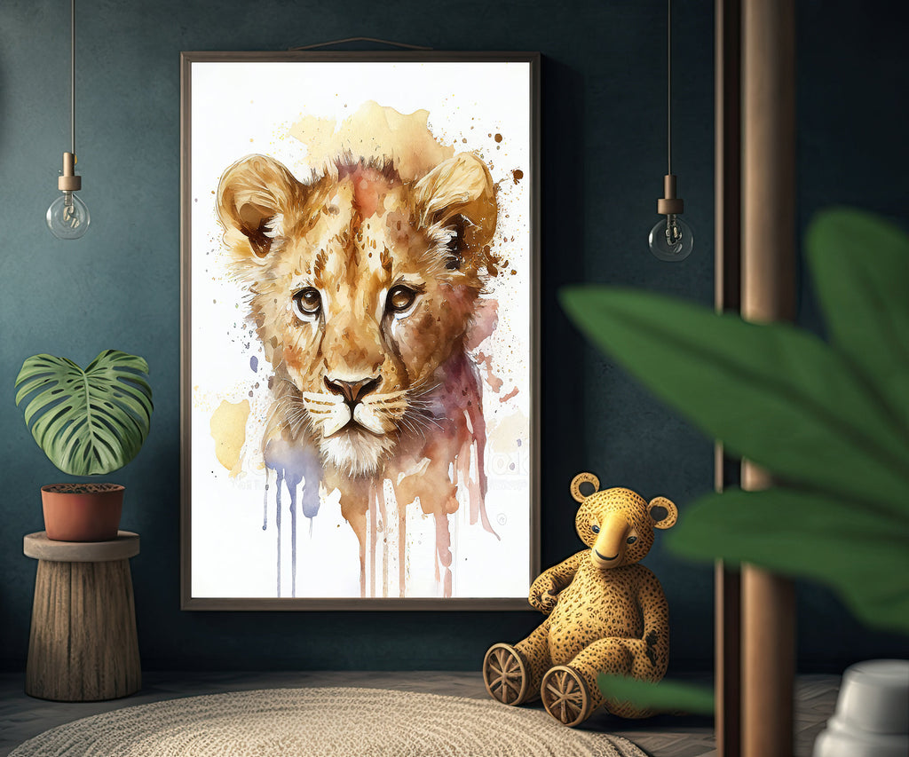 Baby Lion Watercolor Print Jungle Cat Nature Wall Art Kids Nursery Wildlife Gift Cute Animal Home Decor