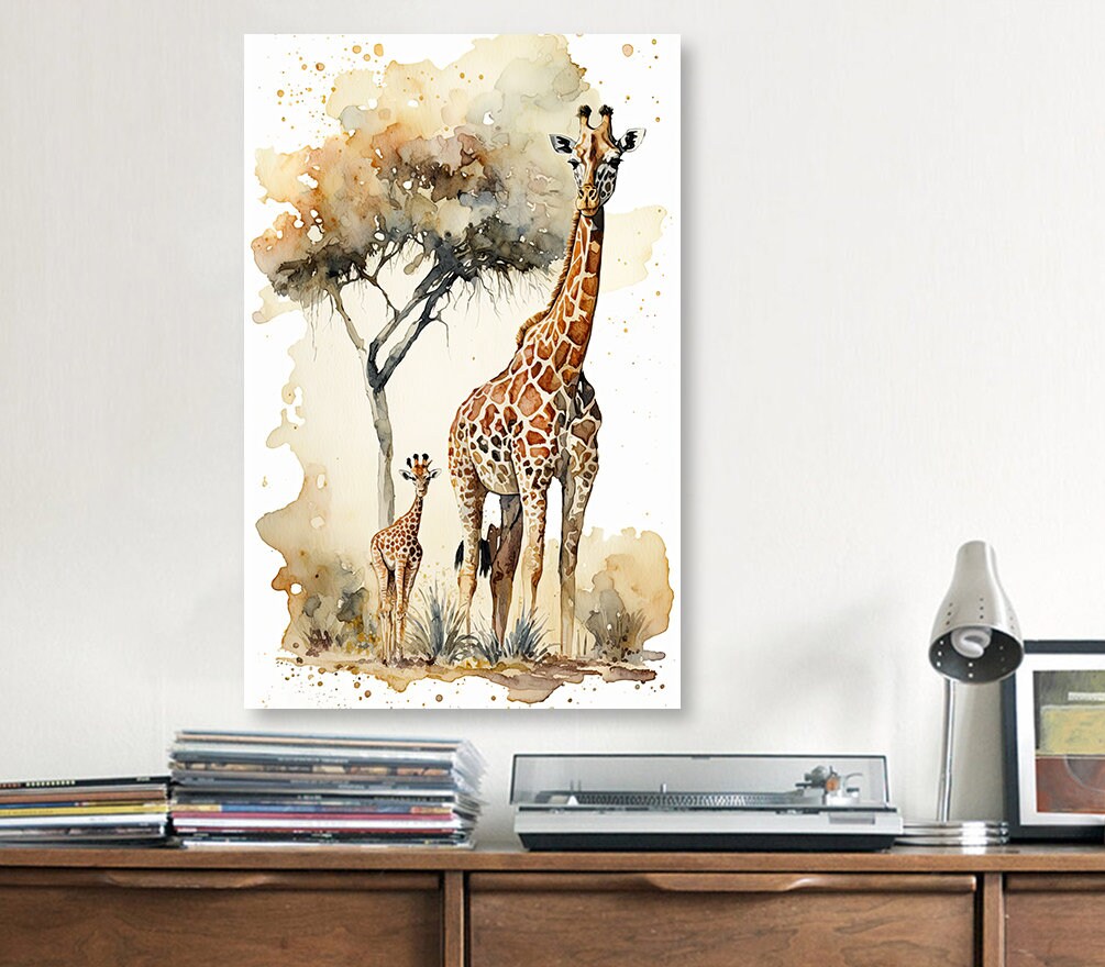 Giraffe Watercolor Print African Nature Wall Art Serengeti Wildlife Gift Animal Painting Home Decor