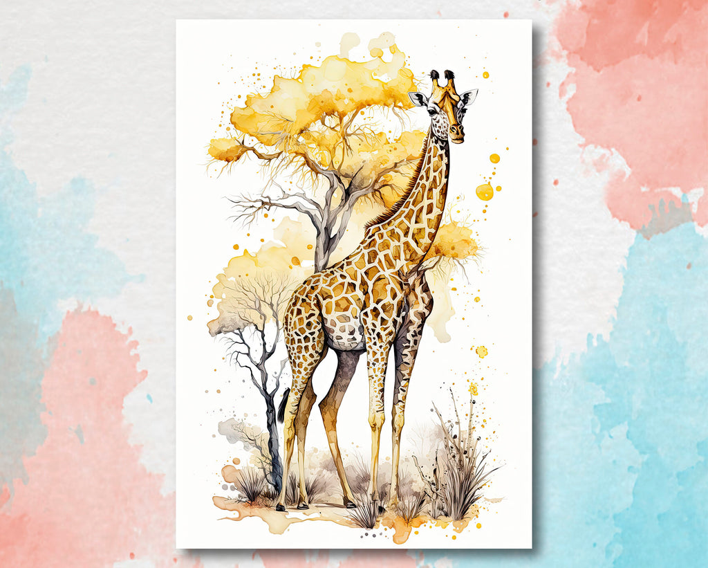 Giraffe Watercolor Print African Nature Wall Art Serengeti Wildlife Gift Animal Painting Home Decor