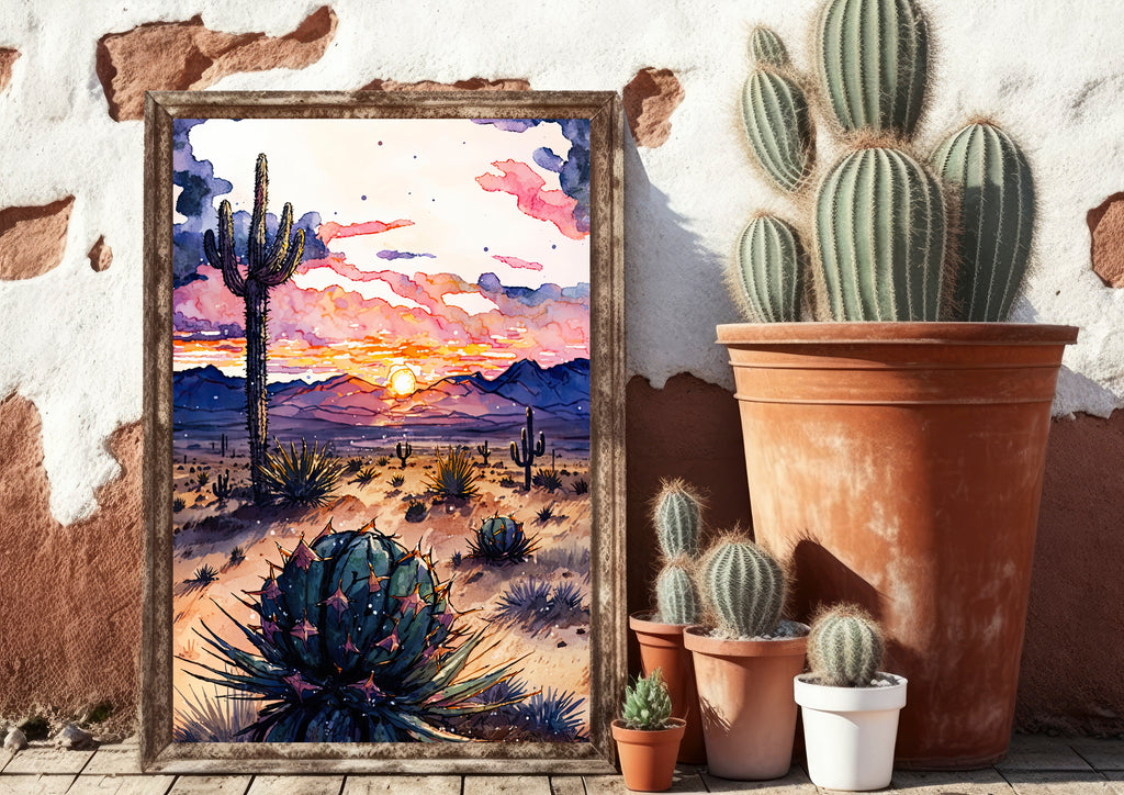 Desert Sunset Print Colorful Watercolor Wall Art Southwest Landscape Gift Saguaro Cactus Beautiful Nature Home Decor