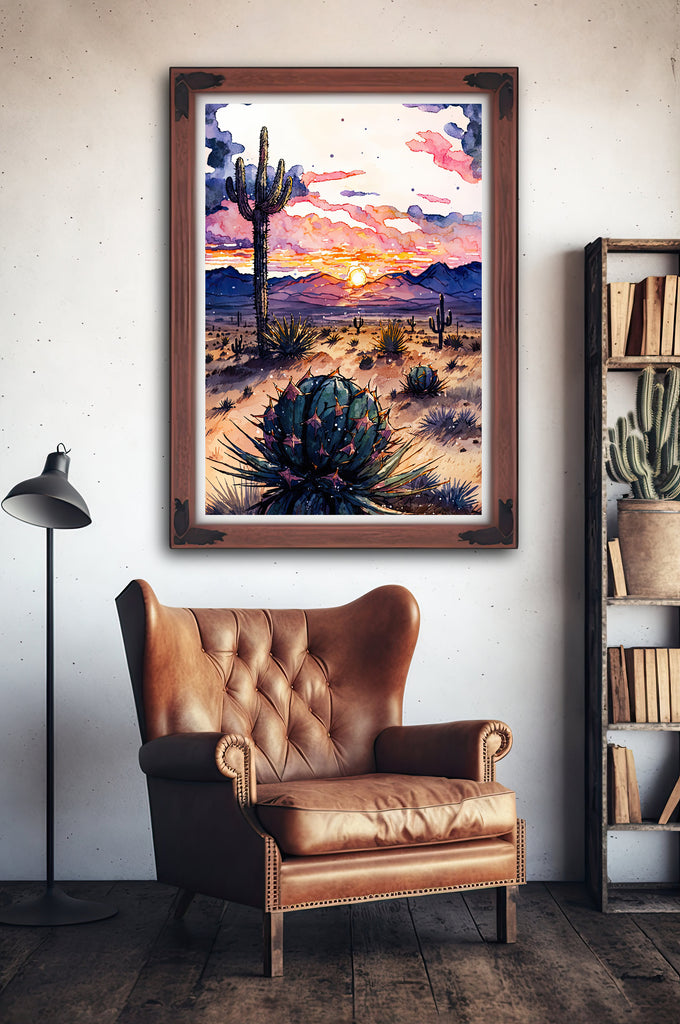 Desert Sunset Print Colorful Watercolor Wall Art Southwest Landscape Gift Saguaro Cactus Beautiful Nature Home Decor