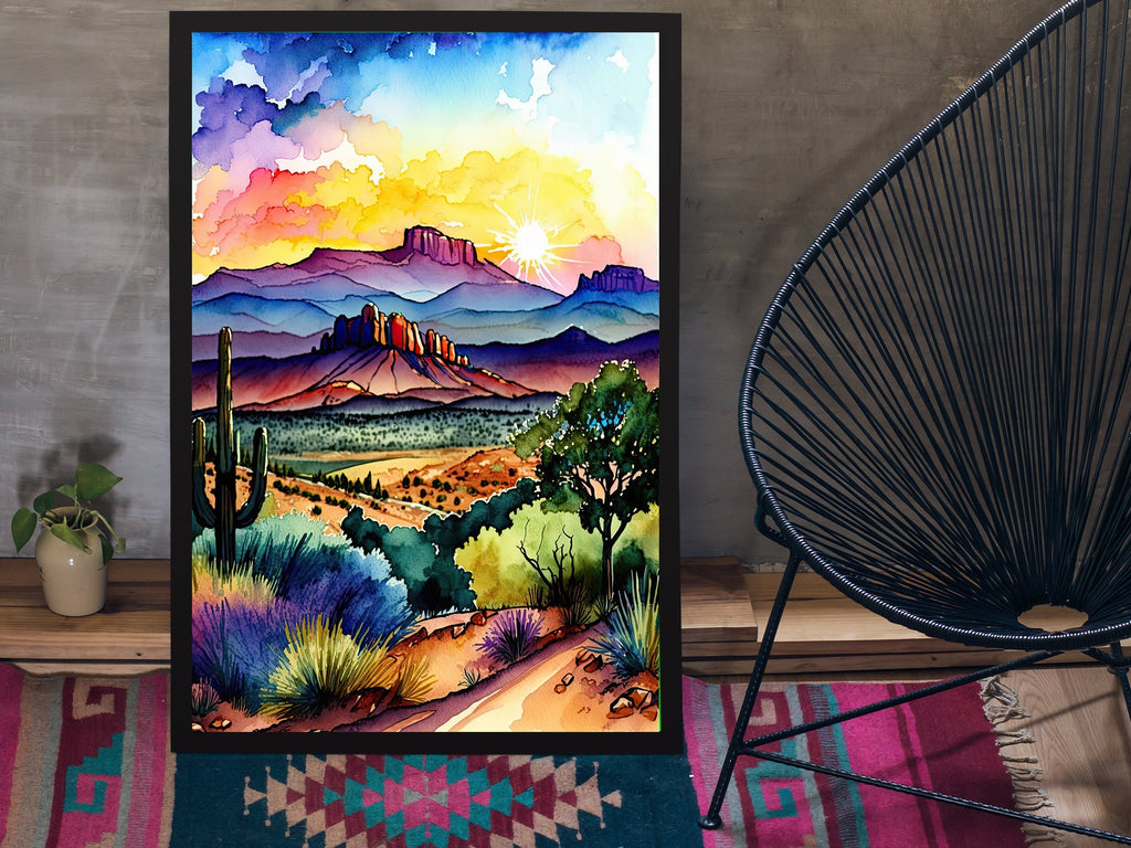 Desert Sunset Print Colorful Watercolor Wall Art Southwest Landscape Gift Saguaro Cactus Beautiful Nature Home Decor