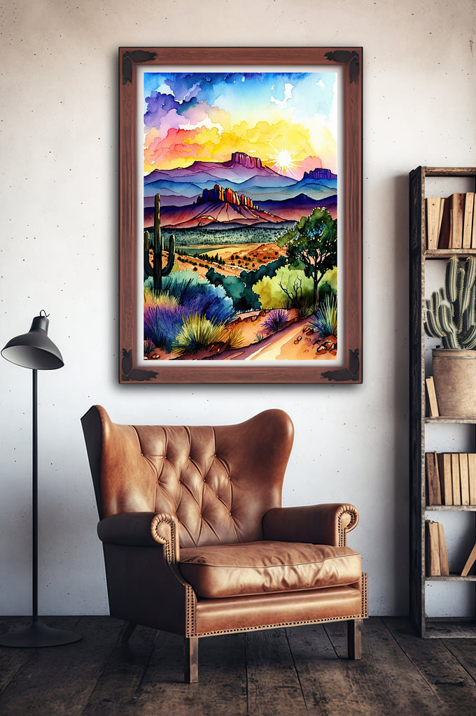 Desert Sunset Print Colorful Watercolor Wall Art Southwest Landscape Gift Saguaro Cactus Beautiful Nature Home Decor