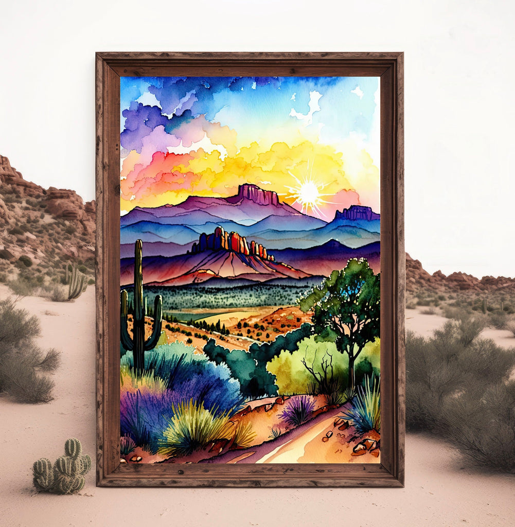 Desert Sunset Print Colorful Watercolor Wall Art Southwest Landscape Gift Saguaro Cactus Beautiful Nature Home Decor