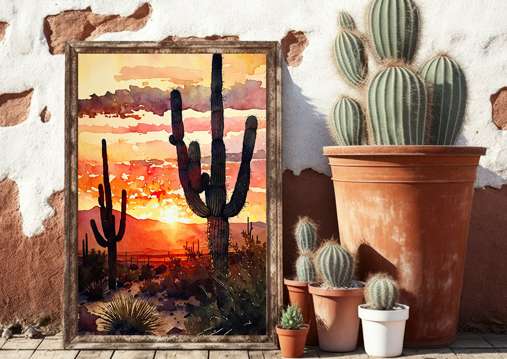 Desert Sunset Print Colorful Watercolor Wall Art Southwest Landscape Gift Saguaro Cactus Beautiful Nature Home Decor