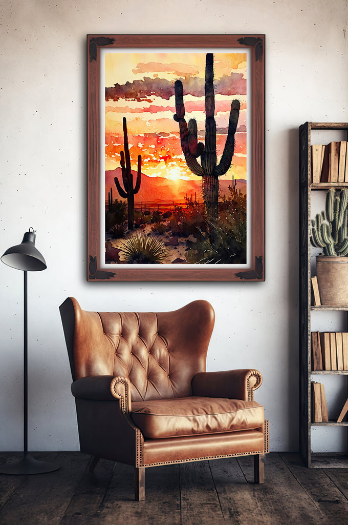 Desert Sunset Print Colorful Watercolor Wall Art Southwest Landscape Gift Saguaro Cactus Beautiful Nature Home Decor