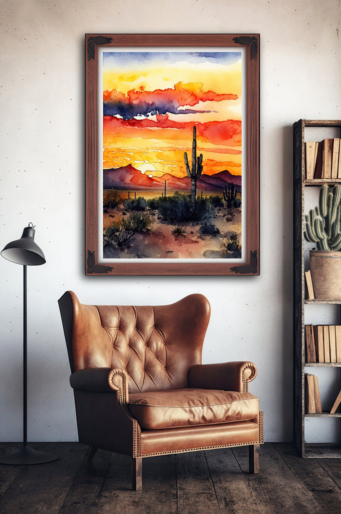 Desert Sunset Print Colorful Watercolor Wall Art Southwest Landscape Gift Saguaro Cactus Beautiful Nature Home Decor