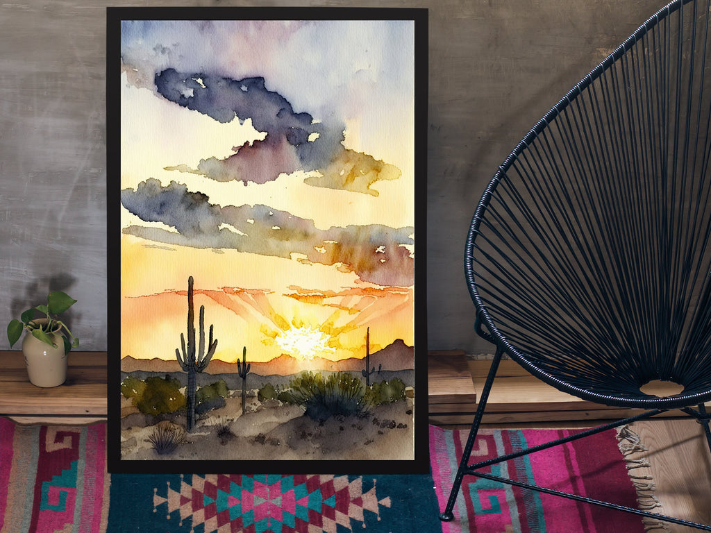 Desert Sunset Print Colorful Watercolor Wall Art Southwest Landscape Gift Saguaro Cactus Beautiful Nature Home Decor