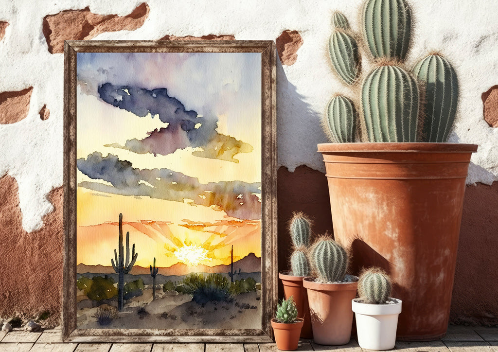 Desert Sunset Print Colorful Watercolor Wall Art Southwest Landscape Gift Saguaro Cactus Beautiful Nature Home Decor