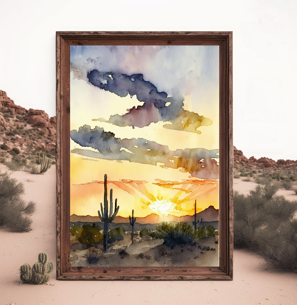 Desert Sunset Print Colorful Watercolor Wall Art Southwest Landscape Gift Saguaro Cactus Beautiful Nature Home Decor