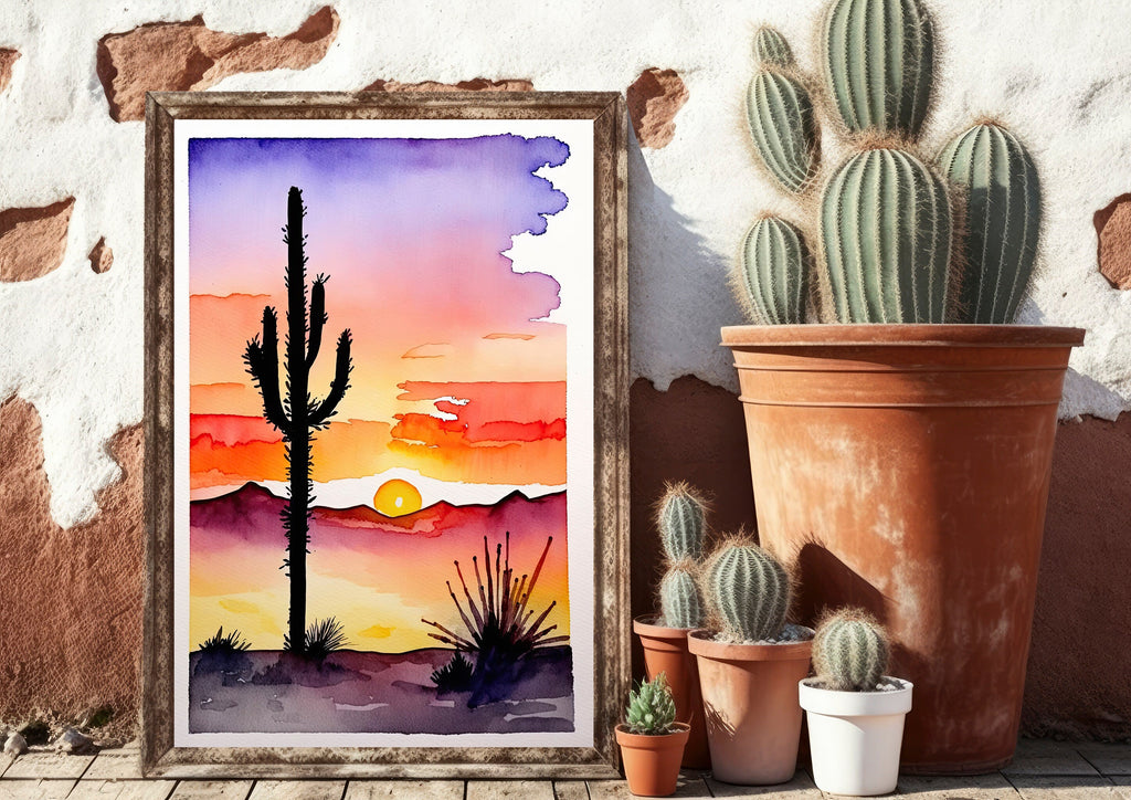 Desert Sunset Print Colorful Watercolor Wall Art Southwest Landscape Gift Saguaro Cactus Beautiful Nature Home Decor