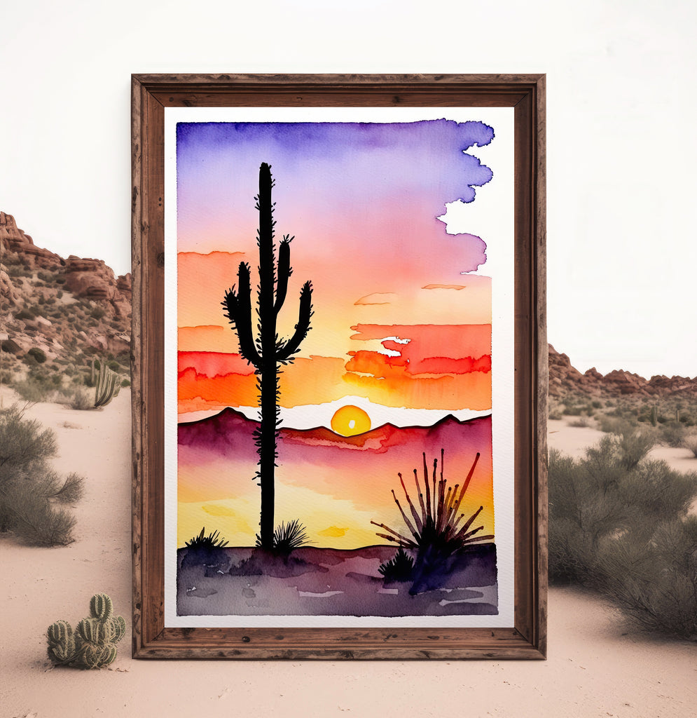 Desert Sunset Print Colorful Watercolor Wall Art Southwest Landscape Gift Saguaro Cactus Beautiful Nature Home Decor