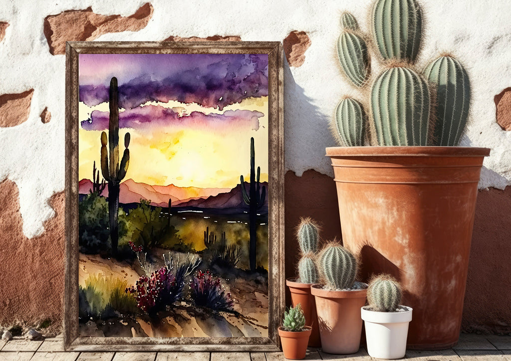 Desert Sunset Print Colorful Watercolor Wall Art Southwest Landscape Gift Saguaro Cactus Beautiful Nature Home Decor