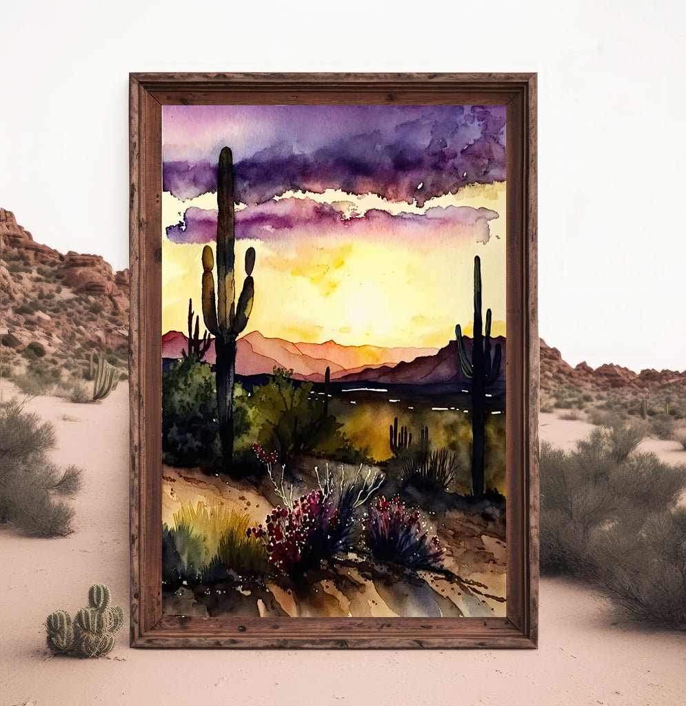 Desert Sunset Print Colorful Watercolor Wall Art Southwest Landscape Gift Saguaro Cactus Beautiful Nature Home Decor