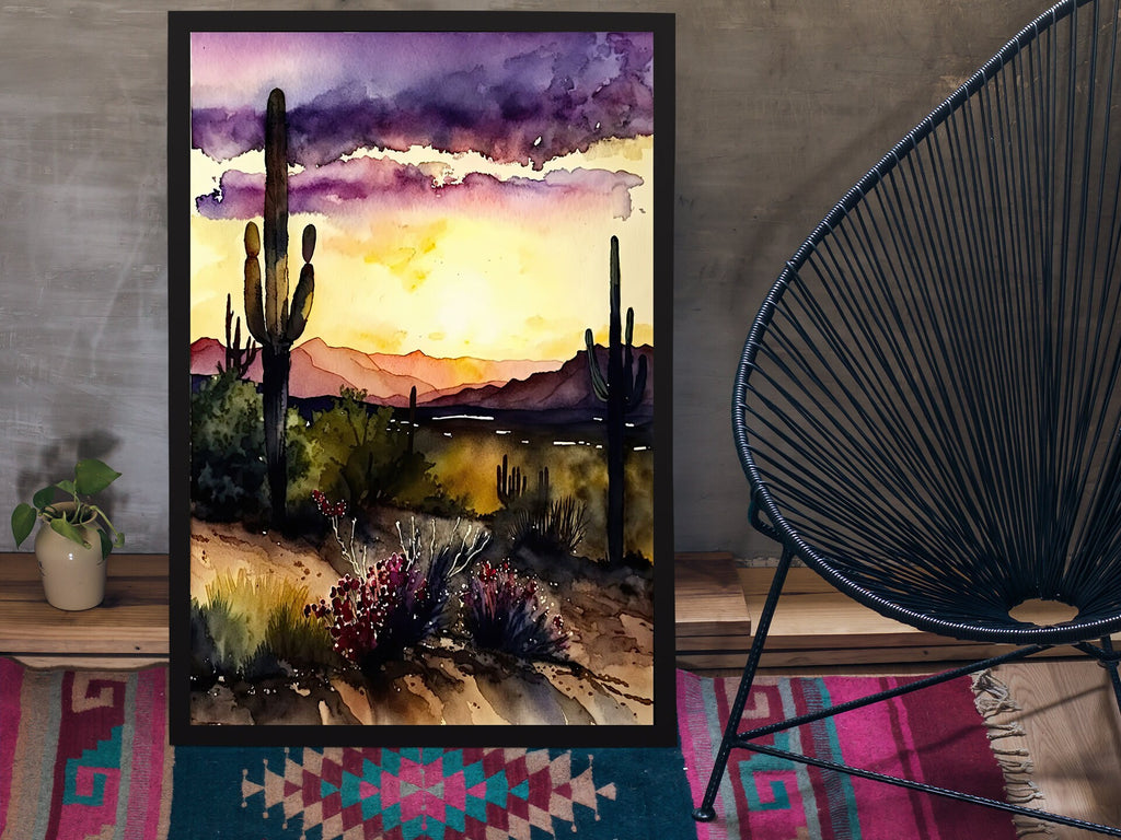 Desert Sunset Print Colorful Watercolor Wall Art Southwest Landscape Gift Saguaro Cactus Beautiful Nature Home Decor