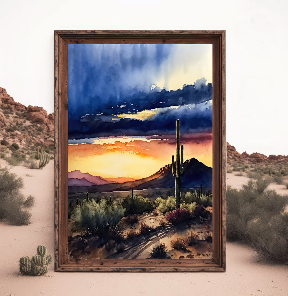 Desert Sunset Print Colorful Watercolor Wall Art Southwest Landscape Gift Saguaro Cactus Beautiful Nature Home Decor