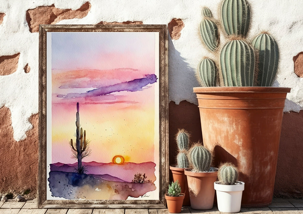 Desert Sunset Print Colorful Watercolor Wall Art Southwest Landscape Gift Saguaro Cactus Beautiful Nature Home Decor