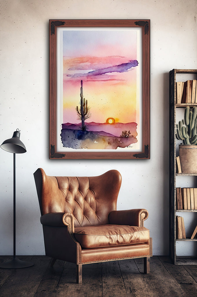 Desert Sunset Print Colorful Watercolor Wall Art Southwest Landscape Gift Saguaro Cactus Beautiful Nature Home Decor