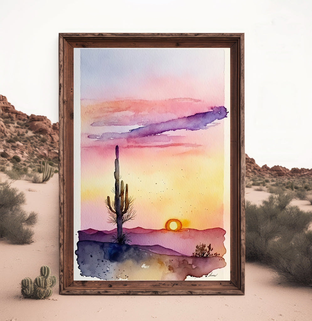 Desert Sunset Print Colorful Watercolor Wall Art Southwest Landscape Gift Saguaro Cactus Beautiful Nature Home Decor