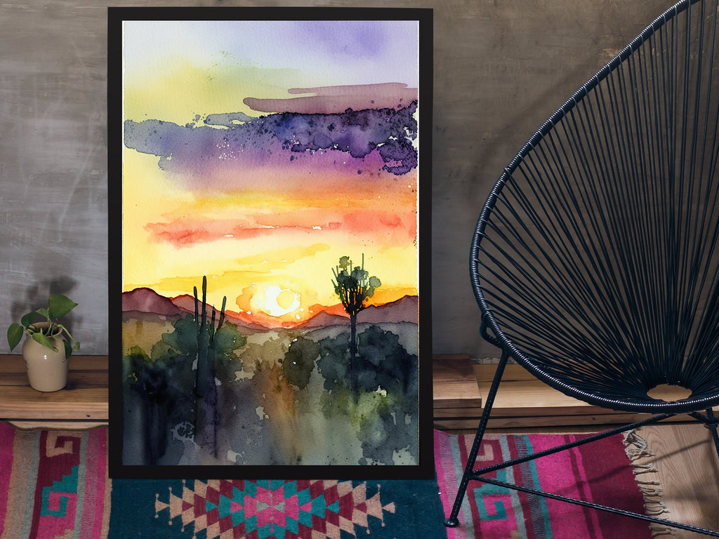 Desert Sunset Print Colorful Watercolor Wall Art Southwest Landscape Gift Saguaro Cactus Beautiful Nature Home Decor