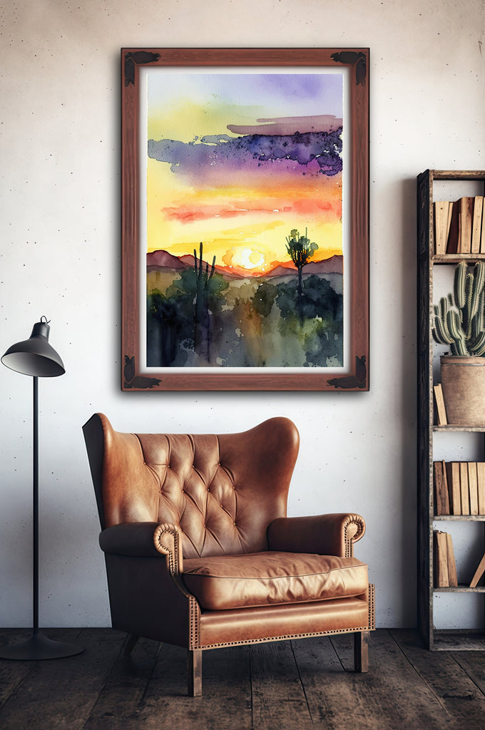 Desert Sunset Print Colorful Watercolor Wall Art Southwest Landscape Gift Saguaro Cactus Beautiful Nature Home Decor