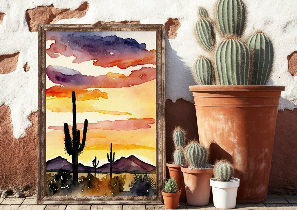 Desert Sunset Print Colorful Watercolor Wall Art Southwest Landscape Gift Saguaro Cactus Beautiful Nature Home Decor