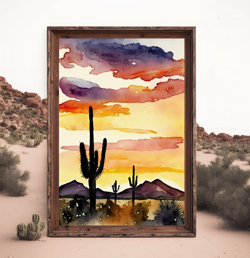 Desert Sunset Print Colorful Watercolor Wall Art Southwest Landscape Gift Saguaro Cactus Beautiful Nature Home Decor