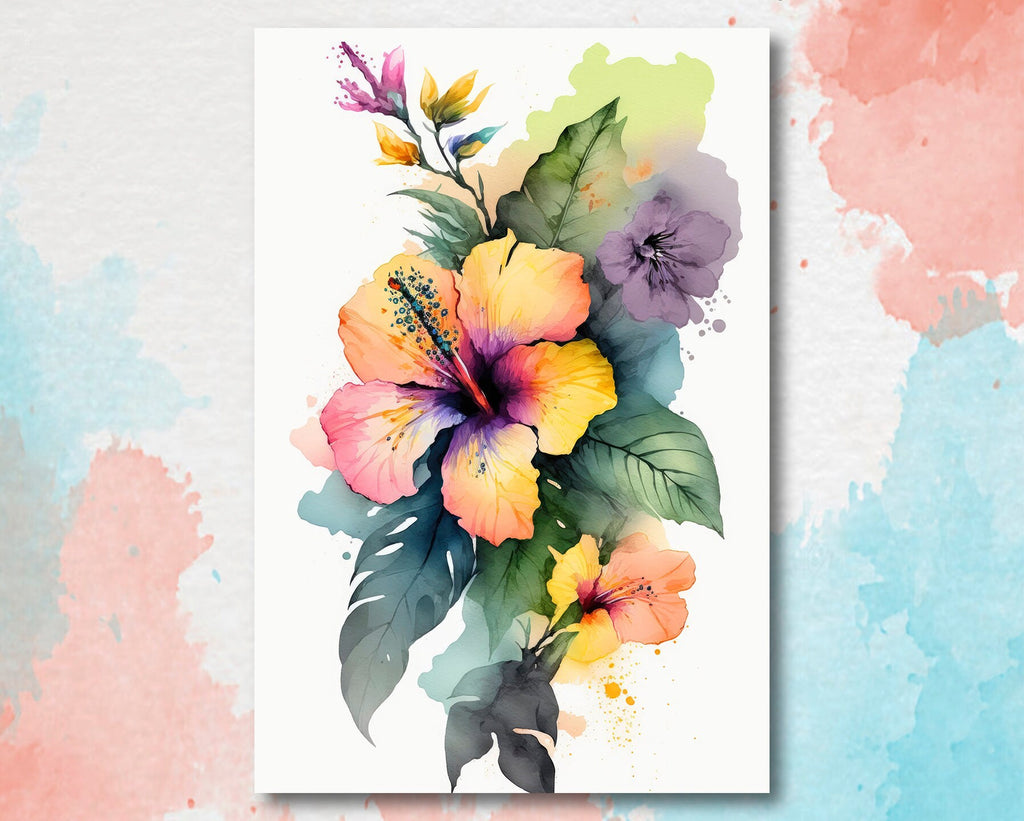 Hawaiian Hibiscus Flower Bouquet Print Watercolor Botanical Wall Art Flower Painting Gift Floral Tropical Home Decor