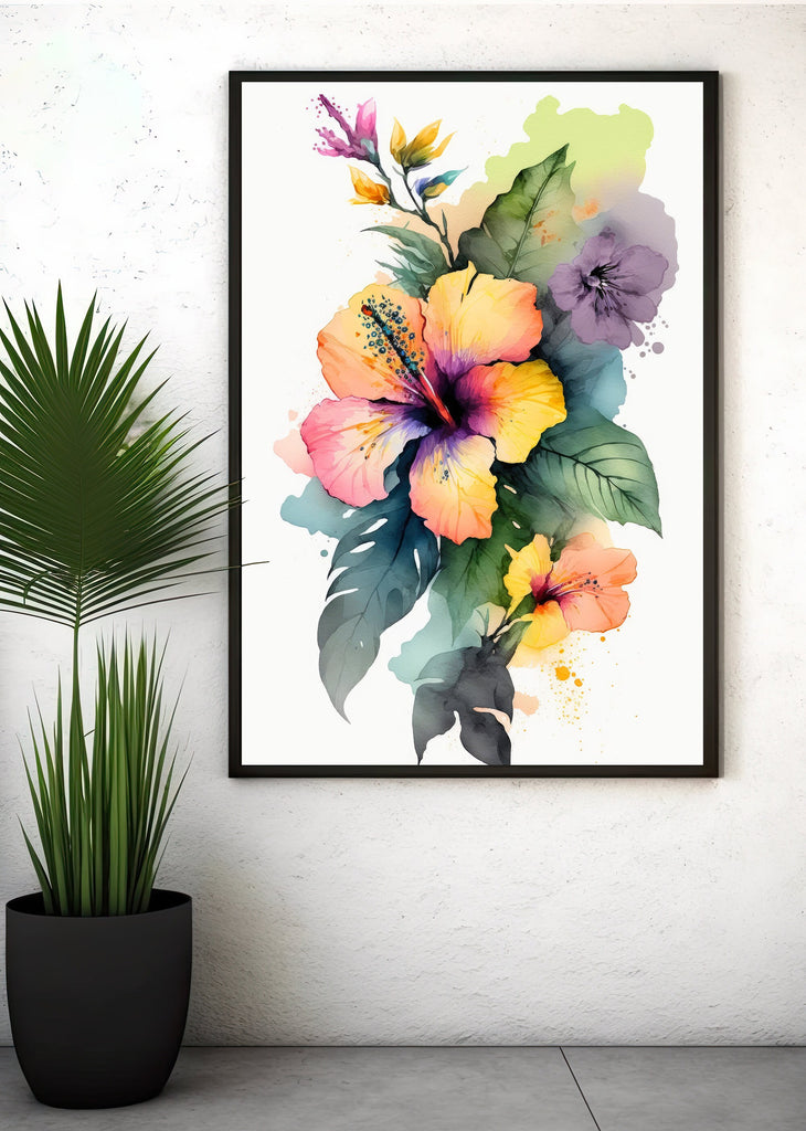 Hawaiian Hibiscus Flower Bouquet Print Watercolor Botanical Wall Art Flower Painting Gift Floral Tropical Home Decor