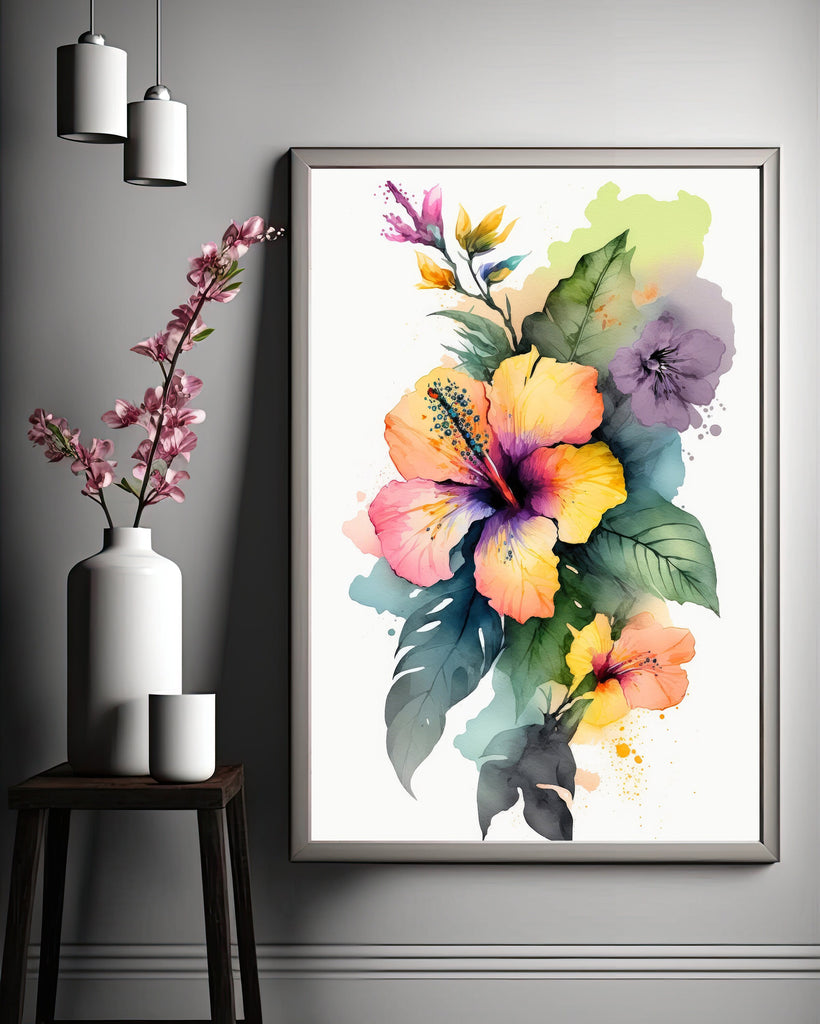 Hawaiian Hibiscus Flower Bouquet Print Watercolor Botanical Wall Art Flower Painting Gift Floral Tropical Home Decor