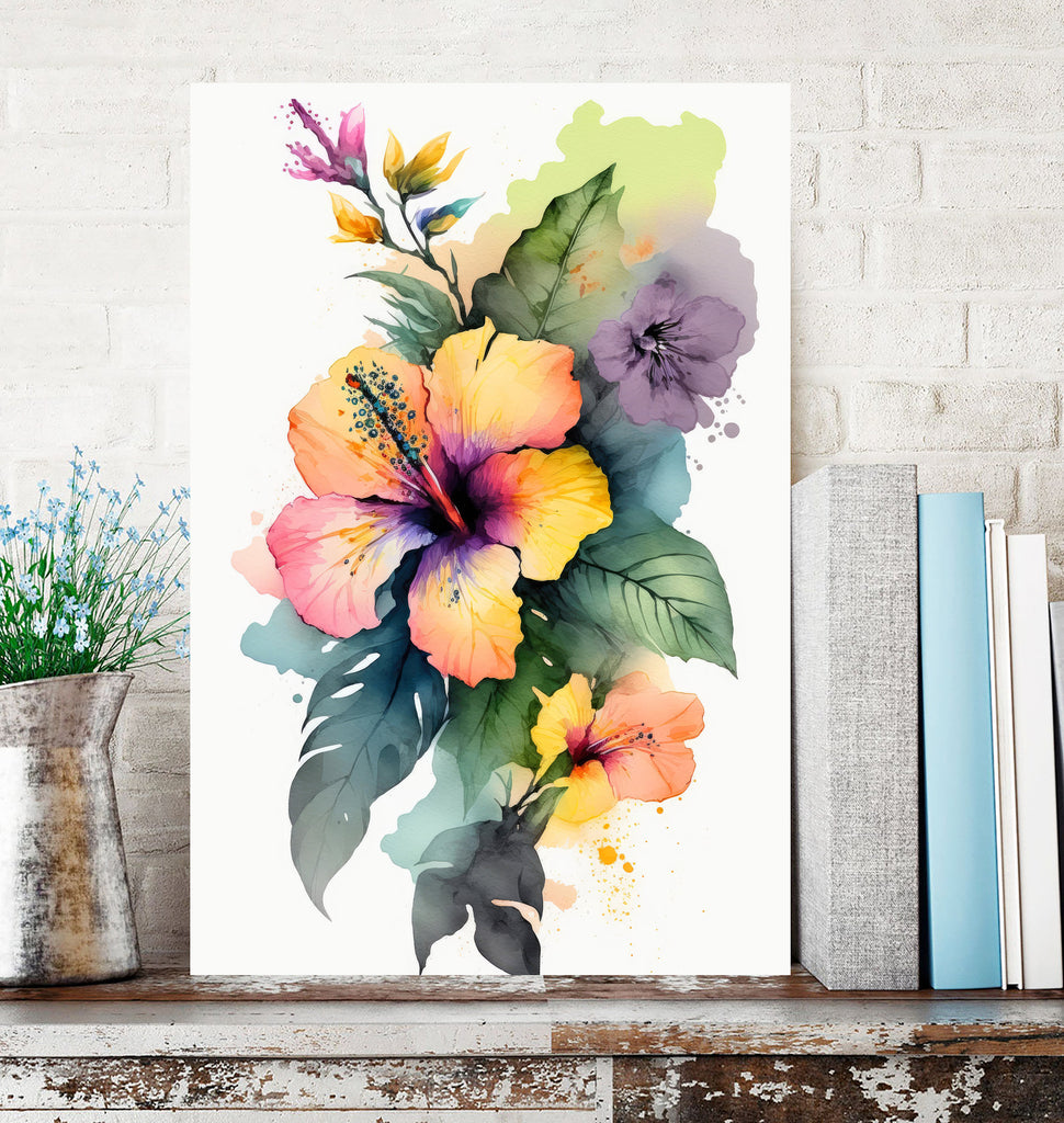 Hawaiian Hibiscus Flower Bouquet Print Watercolor Botanical Wall Art Flower Painting Gift Floral Tropical Home Decor