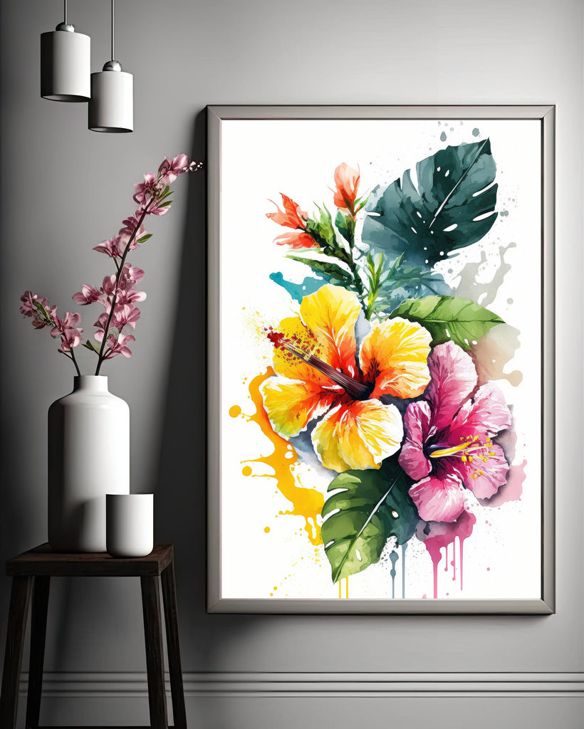 Hawaiian Hibiscus Flower Bouquet Print Watercolor Botanical Wall Art Flower Painting Gift Floral Tropical Home Decor