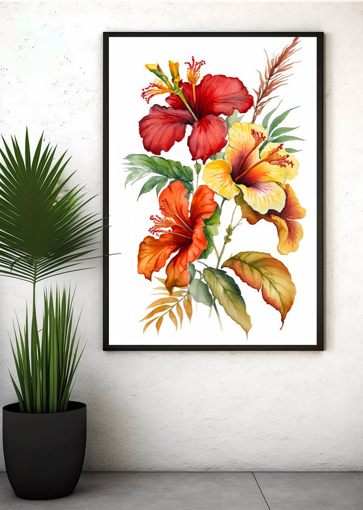 Hawaiian Hibiscus Flower Bouquet Print Watercolor Botanical Wall Art Flower Painting Gift Floral Tropical Home Decor