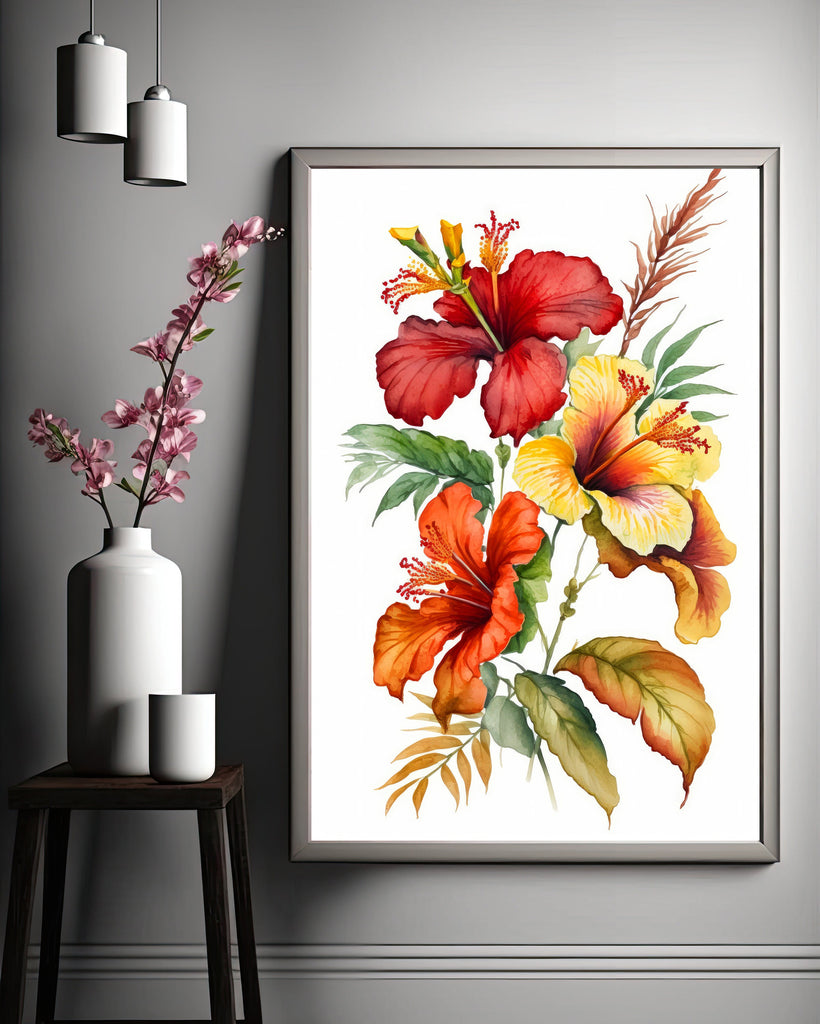 Hawaiian Hibiscus Flower Bouquet Print Watercolor Botanical Wall Art Flower Painting Gift Floral Tropical Home Decor