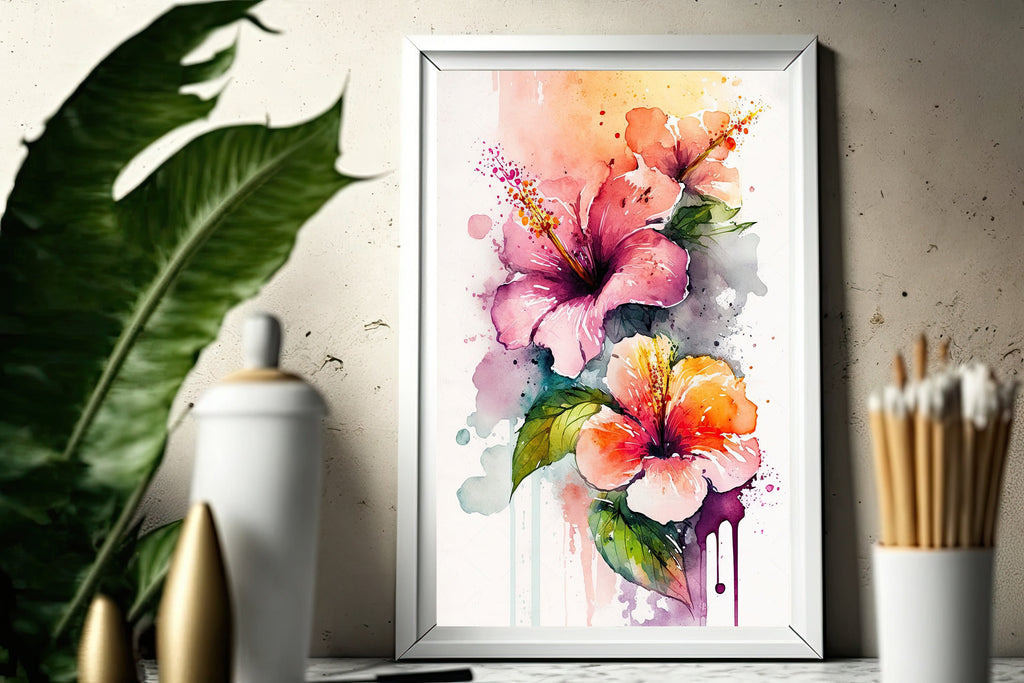 Hawaiian Hibiscus Flower Bouquet Print Watercolor Botanical Wall Art Flower Painting Gift Floral Tropical Home Decor