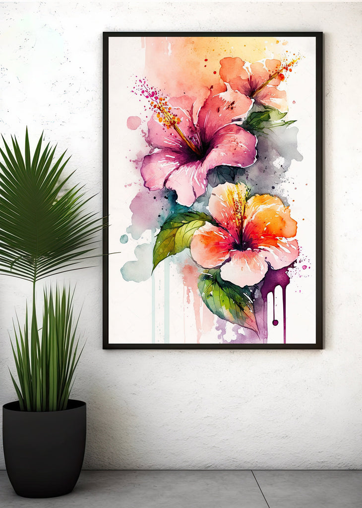 Hawaiian Hibiscus Flower Bouquet Print Watercolor Botanical Wall Art Flower Painting Gift Floral Tropical Home Decor