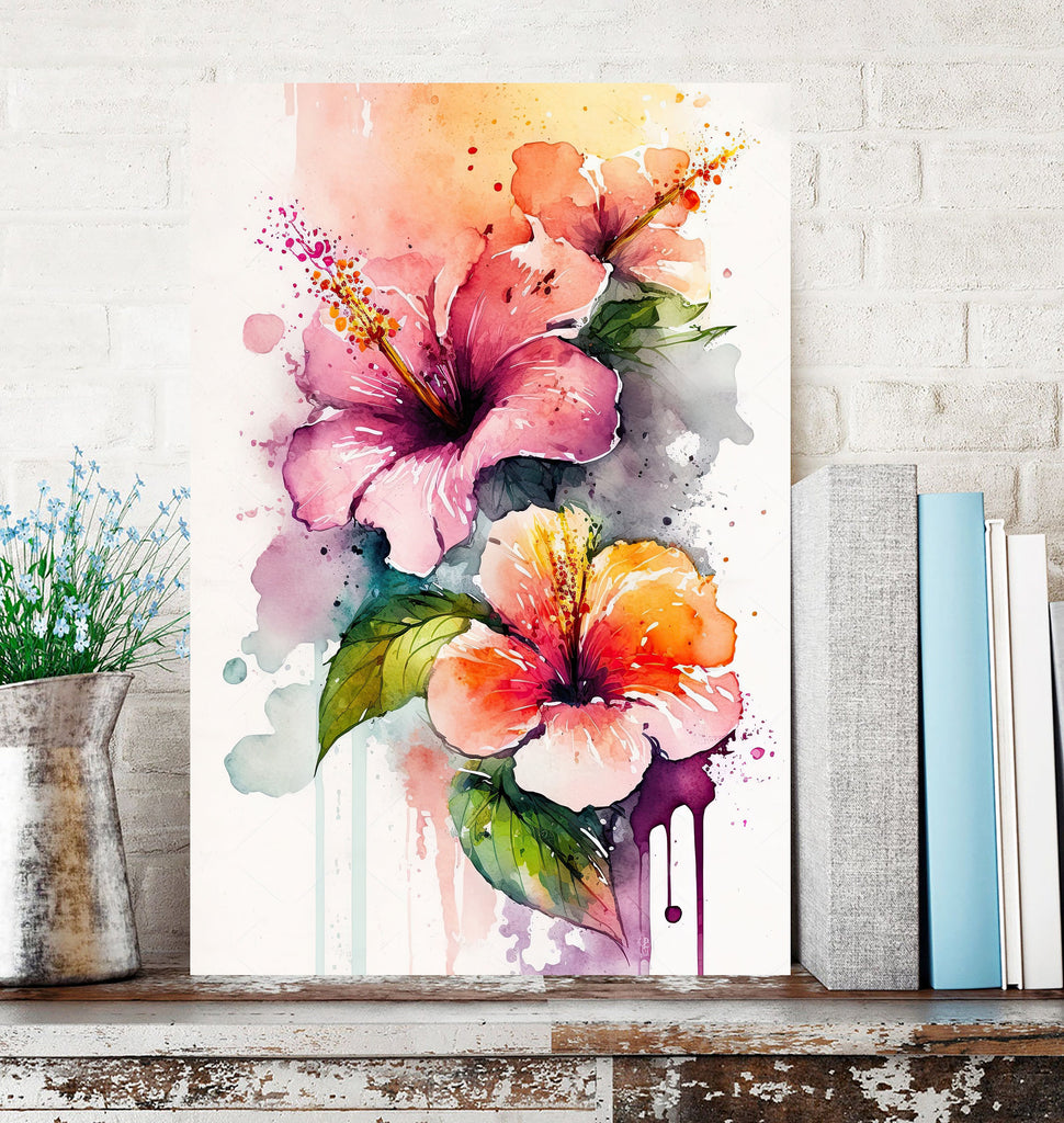 Hawaiian Hibiscus Flower Bouquet Print Watercolor Botanical Wall Art Flower Painting Gift Floral Tropical Home Decor